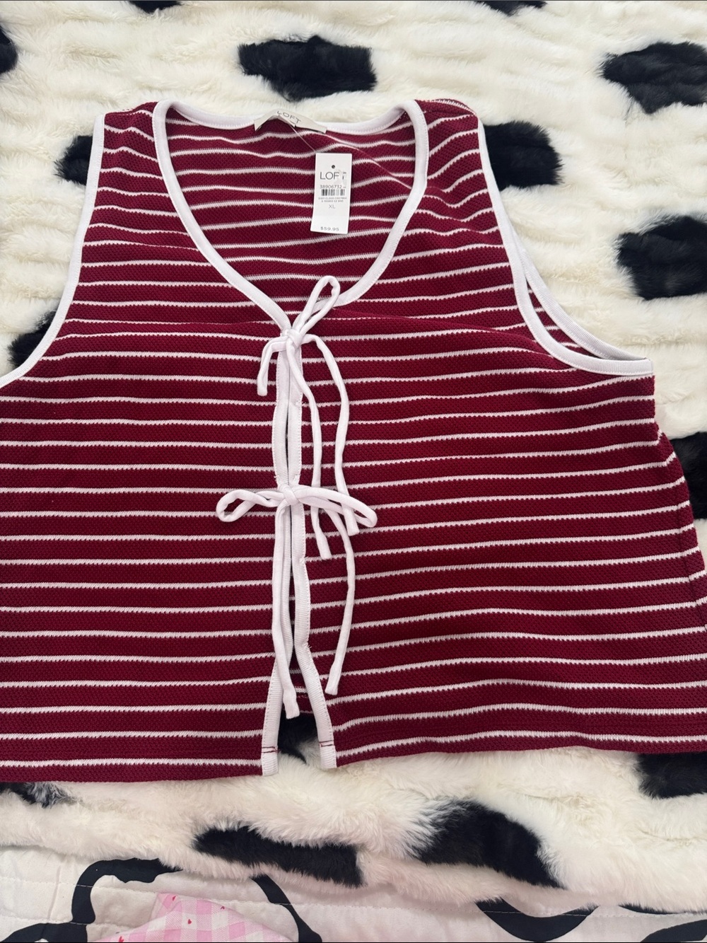 LOFT Burgundy & White Striped Tie-Front Knit Tank